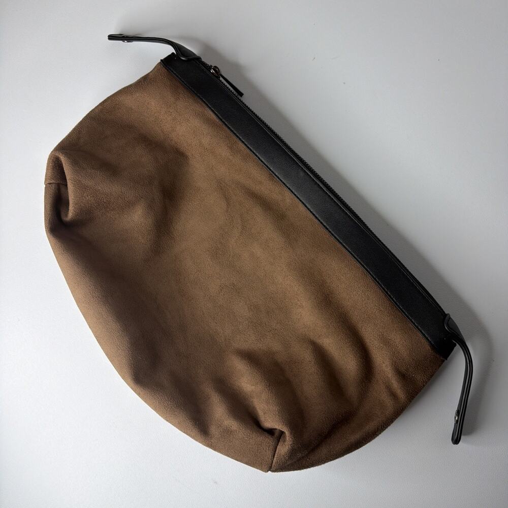Sondra Roberts Squared Vegan Leather Brown Suede Clutch Purse Makeup Bag Travel